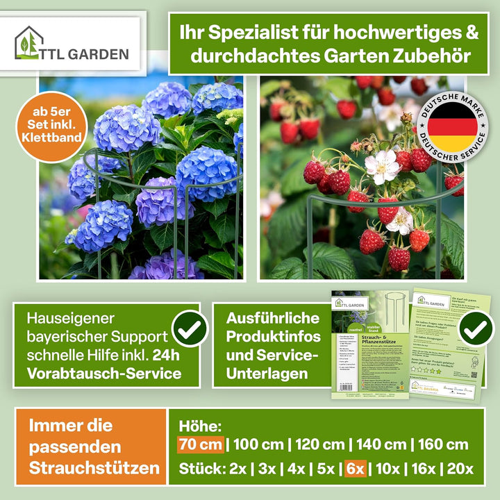TTL GARDEN Strauchstützen 70cm x 40cm 6er Set + Klettband - Pflanzenstütze Stahl rostfrei Kunststoff