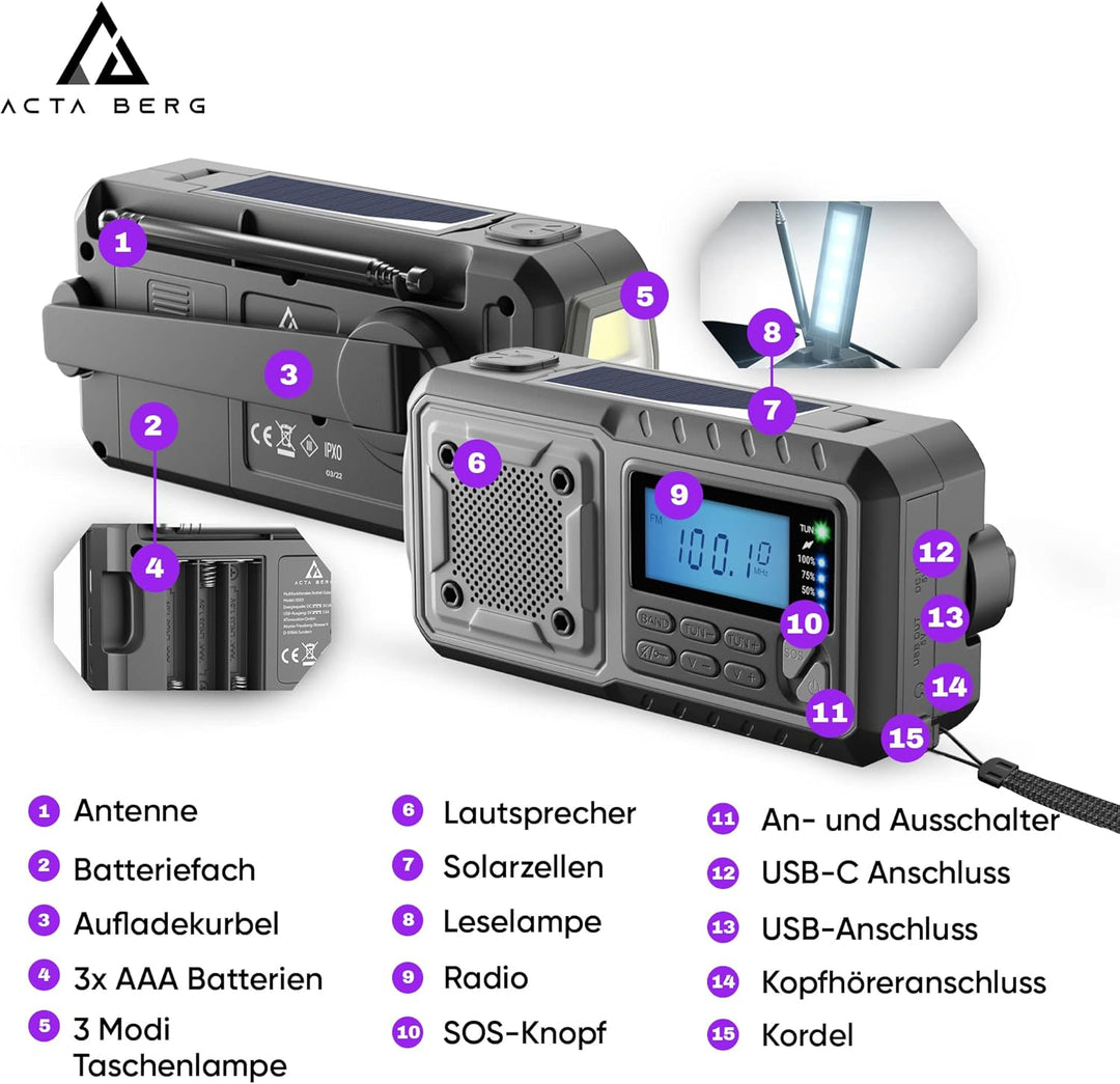 Acta Berg Kurbelradio | Notfallradio mit Kurbel & 5000 mAh Akku | Solar Radio mit Weltempfänger | Ha
