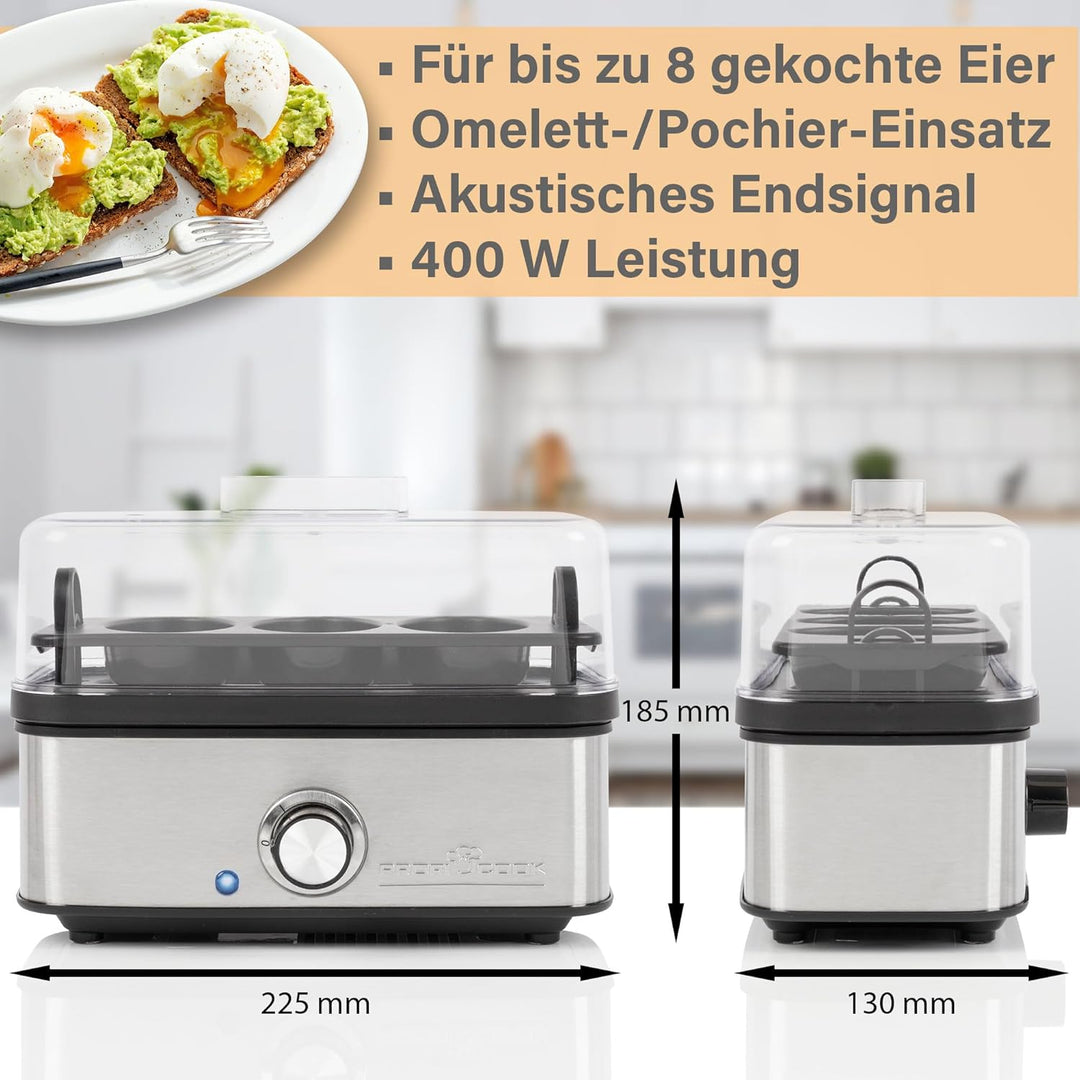 ProfiCook® Eierkocher für bis zu 8 Eier | Egg Cooker mit Omelett-/Pochier-Funktion | Egg Boiler mit