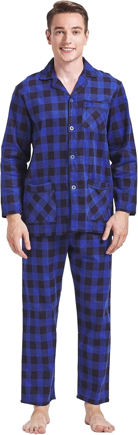 Amaxer Flanell Schlafanzug Herren 100% Baumwolle Pyjama mit Knopfleiste Set Lang Warmer Winter Schla