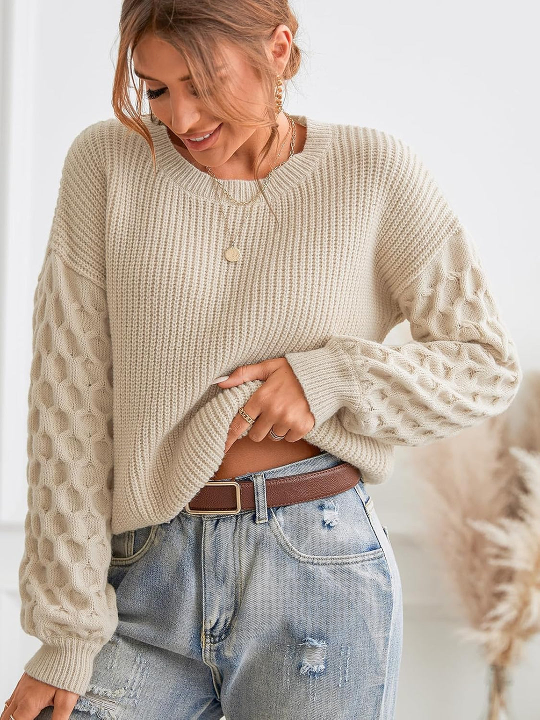 CUPSHE Damen Strickpullover Rundhals Langarm Feinstrick Pulli Jumper Oberteile Tops Honeycomb Knit S