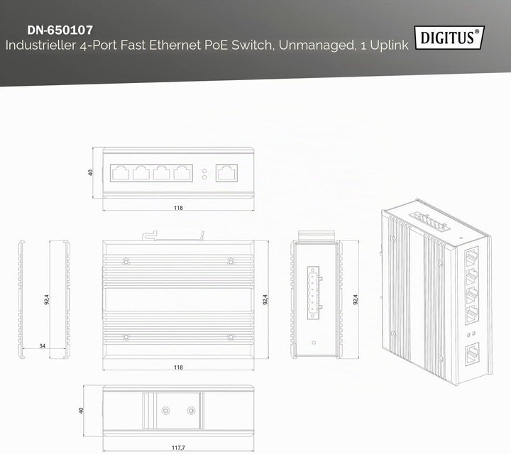 DIGITUS PoE Netzwerk-Switch - 5-Port Fast Ethernet - DIN-Rail Montage - Klemmleiste - Lüfterlos - Sc