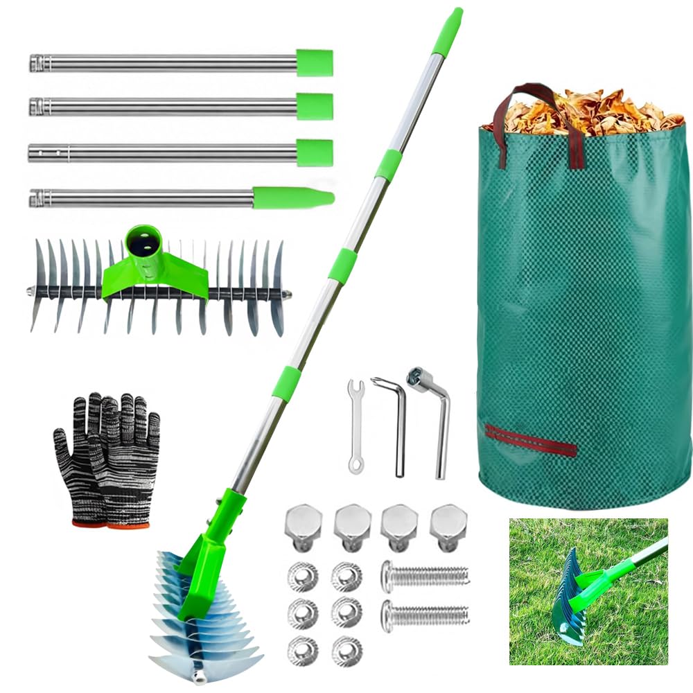 Handvertikutierer mit Gartenabfallsack, Vertikutierrechen mit Stiel 163cm, Vertikutierer Rechen Hand