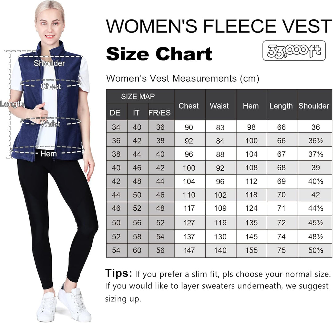 33,000ft Damen Fleece Weste Jacke Standkragen Ultraleicht Outdoor Westen Tops mit Taschen Reissversc