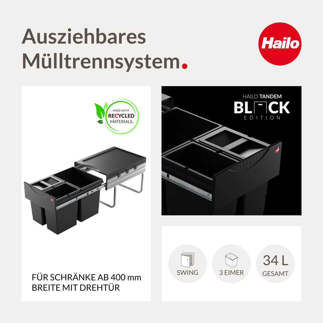 Hailo Abfallsammler 3642931 | Raumspar-Tandem 18 + 2x 8.5 L | ab 40cm Schrank mit Drehtür | 346 x 47