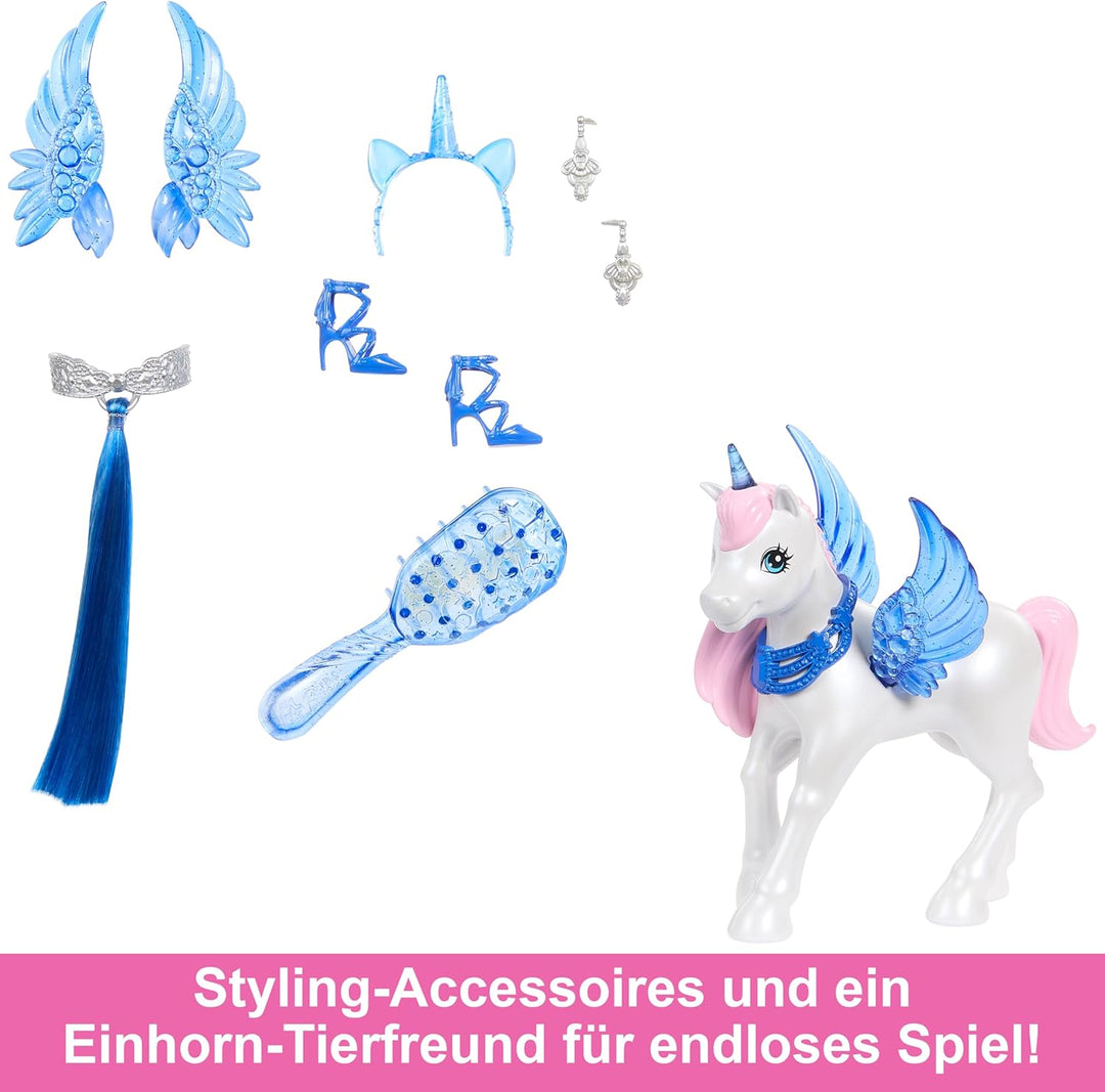 BARBIE Ein verborgener Zauber - Puppe mit Einhorn, pinkfarbenes Kleid mit Saphirblauen Details, Einh