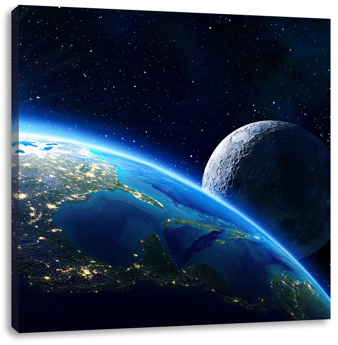 Pixxprint Erde und Ihr Mond aus dem All als Leinwandbild/Grösse: 70x70 cm/Wandbild/Kunstdruck/fertig