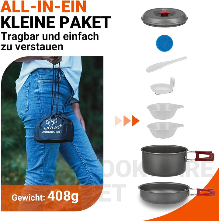 Bulin Camping Kochgeschirr Set,Outdoor Geschirr Set Aluminium,Camping Töpfe und Pfannen für 1-2 Pers