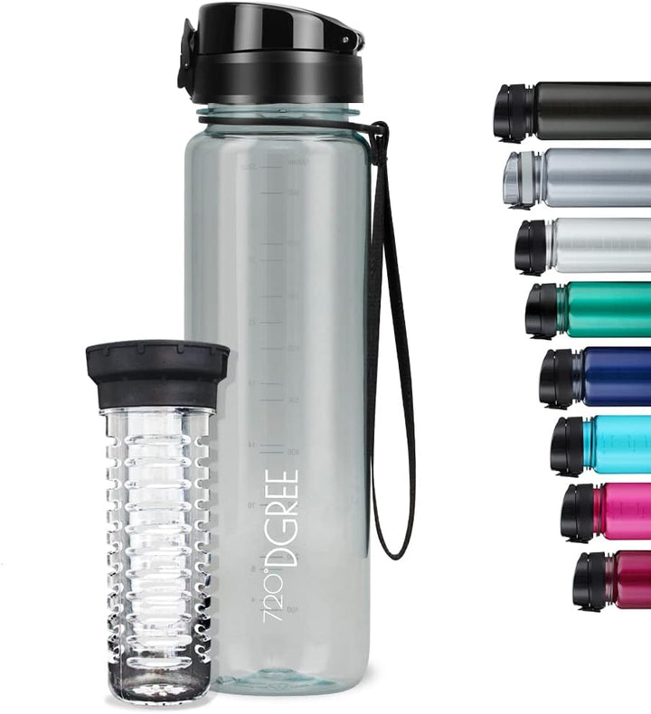720°DGREE Trinkflasche 1l “uberBottle“ crystalClear +Früchtebehälter - BPA-Frei, Auslaufsicher - Was