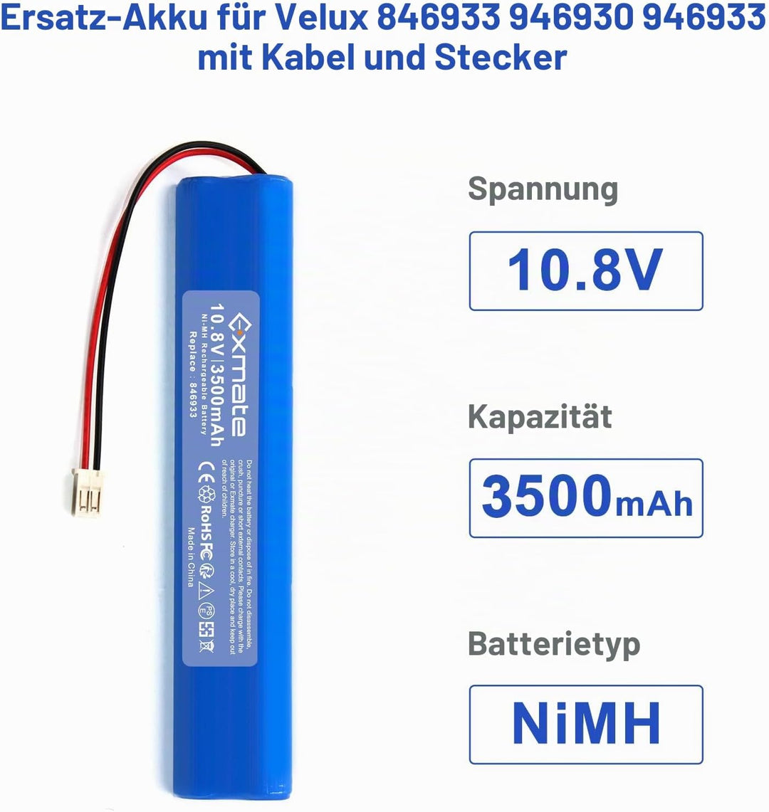 2X Exmate NI-MH 10.8 V 3500mAh Ersatz Akku für Velux Roller Shutter 946930 846933 946933 mit Kabel u