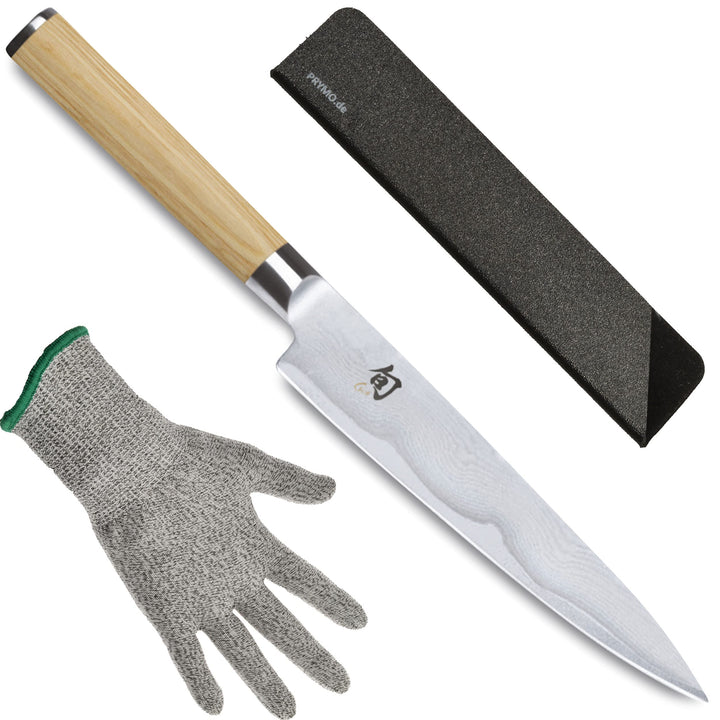 KAI Shun Classic White Allweckmesser 15cm DM-0701W mit Klingenschutz und Schutzhandschuh, 2) Allzwec