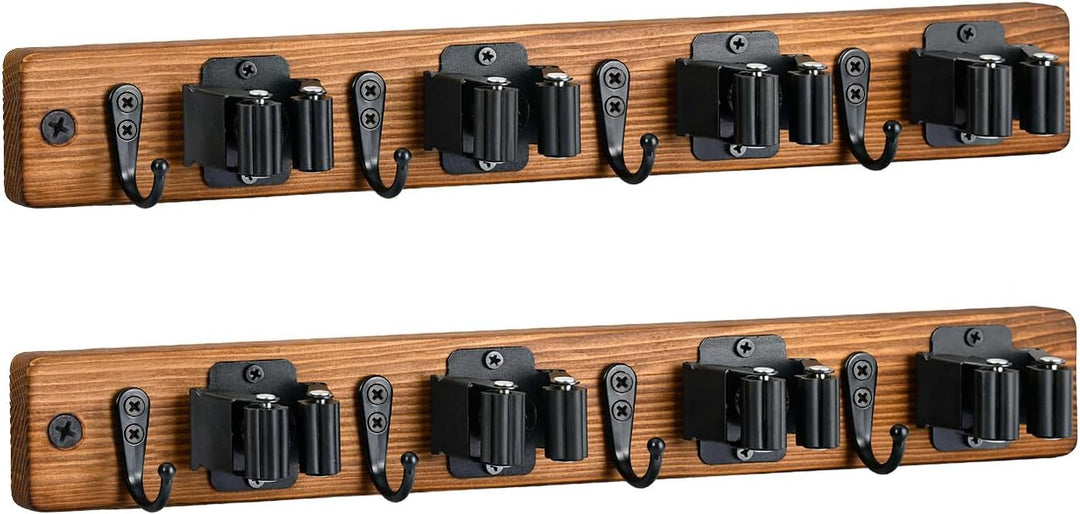 Lorbro 2 Stück Besenhalterung Wand, Wandhalterung Besen aus Holz, Besenhalter und Mopphalter mit 4 H