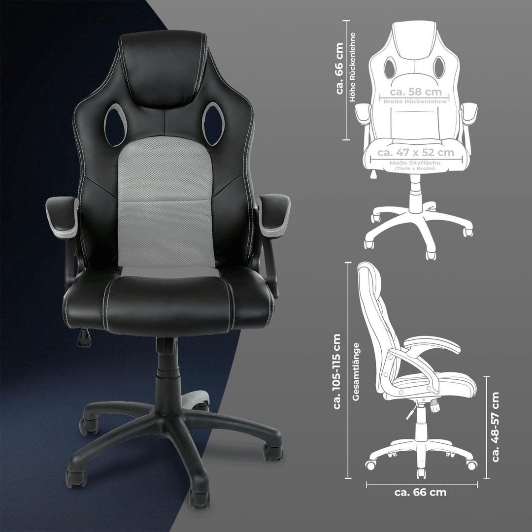 Panorama24 Gamer Stuhl Gaming Schreibtischstuhl Chefsessel Bürostuhl Ergonomisch, Grau, 9 Farbvarian