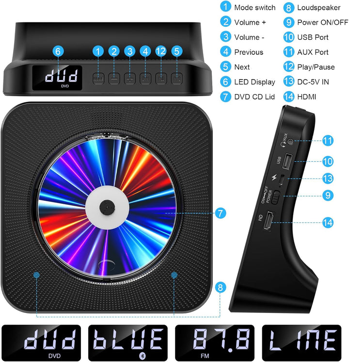 Gueray DVD Player CD Player Bluetooth CD-Player mit Lautsprecher Unterstützt Fernbedienung Anzeige F