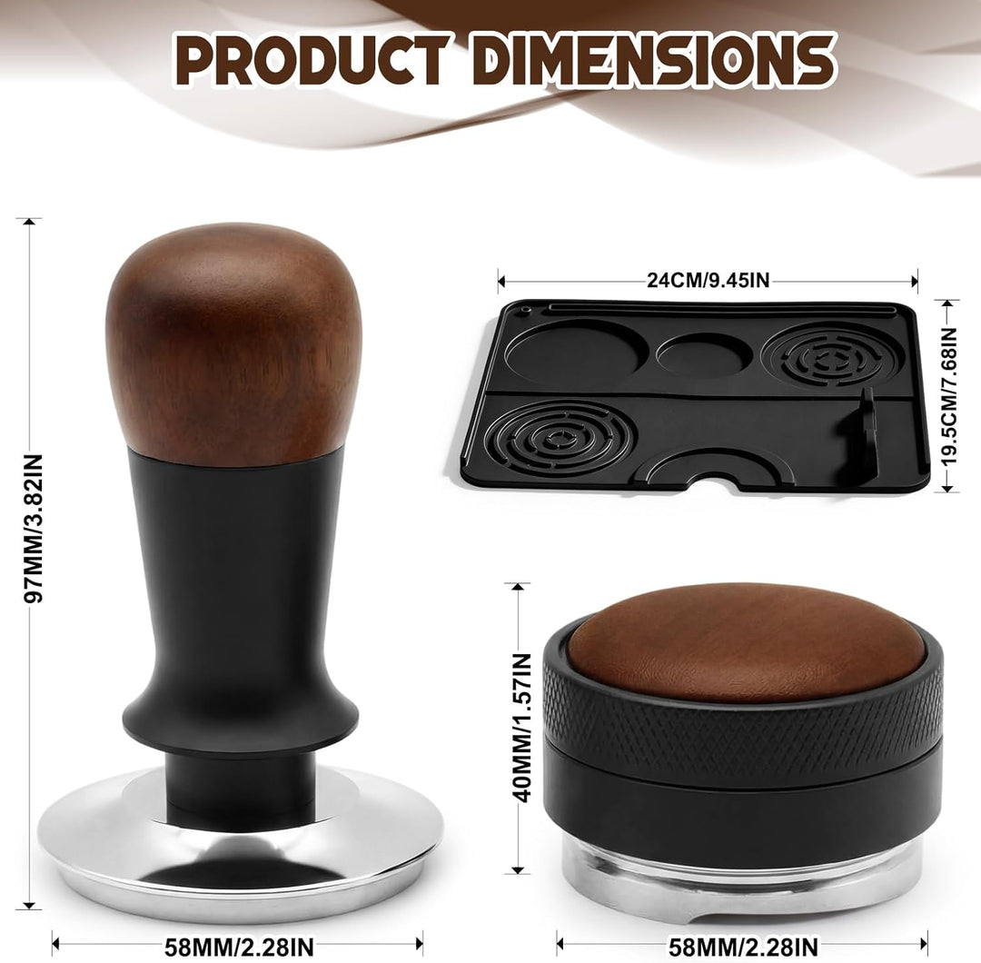 Kaffeetamper Set 58 mm aus Edelstahl – Espresso Tamper mit Holzgriff, Espressopulver-Distributor & S