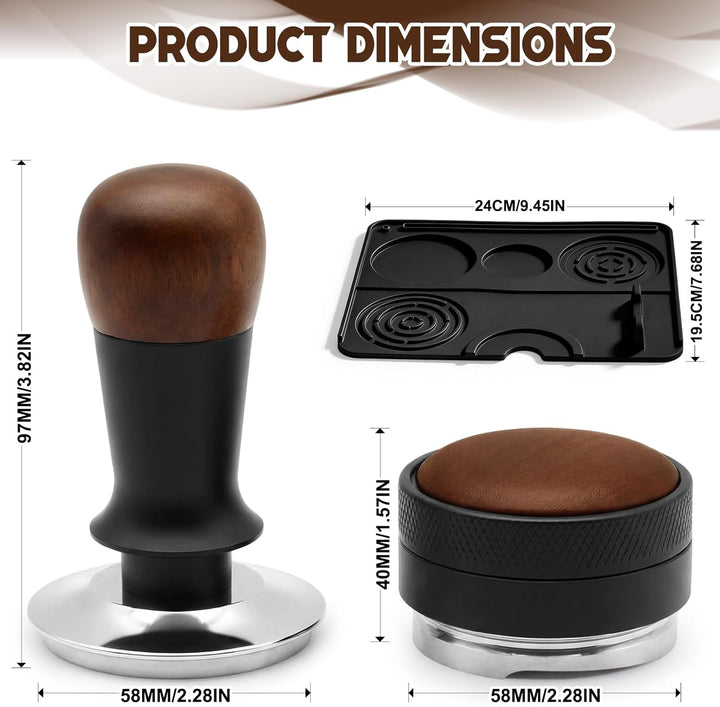 Kaffeetamper Set 58 mm aus Edelstahl – Espresso Tamper mit Holzgriff, Espressopulver-Distributor & S