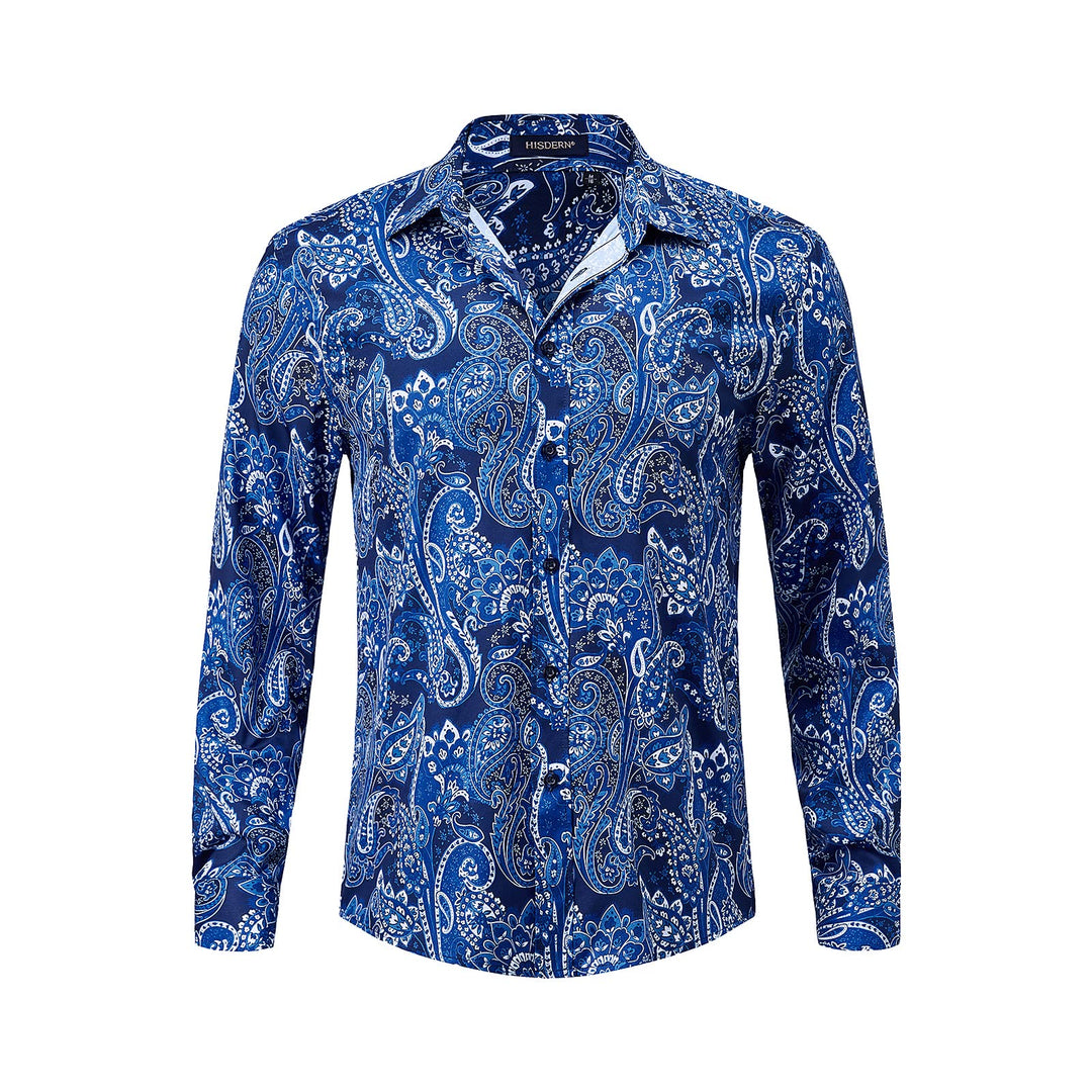 HISDERN Herren Paisley Hemd Langarm Satin Blumen Muster Hemd für Männer Jacquard Stickerei Freizeith