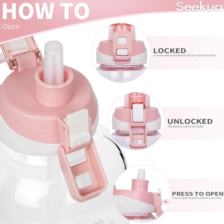 Seekua 2l Sport Trinkflasche Glas Flasche mit Strohhalm & Zeitmarkierung auslaufsicher bpa frei 2 li