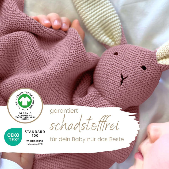 DIKOS® Original Babydecke SCHMUSE-HASE Beere GOTS Bio Baumwolle Neugeborenen Decke mit Kuscheltier B