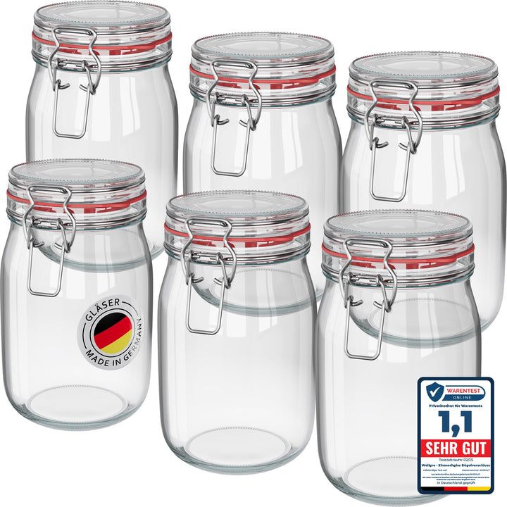 WELLGRO 6x Einmachgläser mit Bügelverschluss rund 1140ml, Fermentierglas, Vorratsgläser mit Deckel -