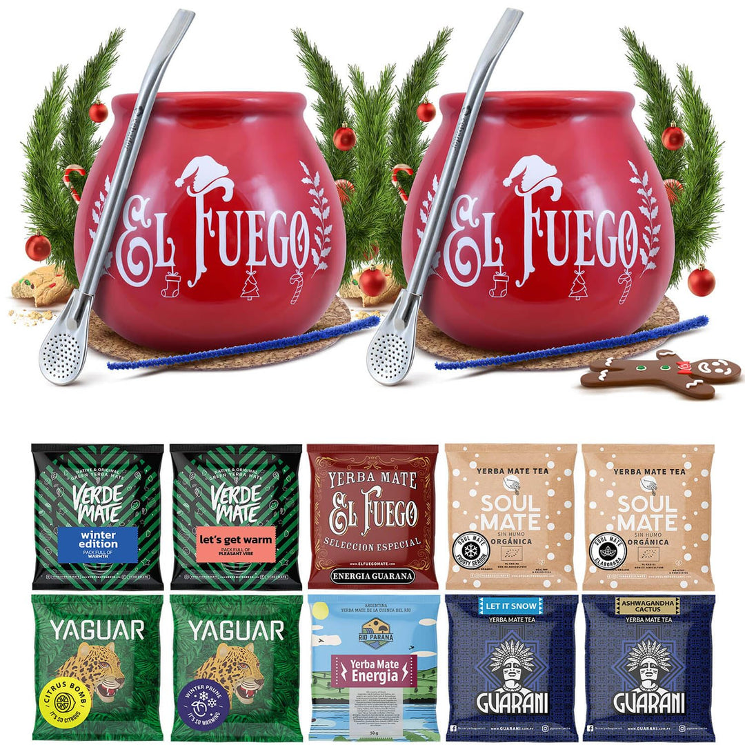 Mate Tee Set Soul Mate, El Fuego, Yaguar, Verde Mate 10x50g - Yerba Mate Proben mit 2x Keramik Mate
