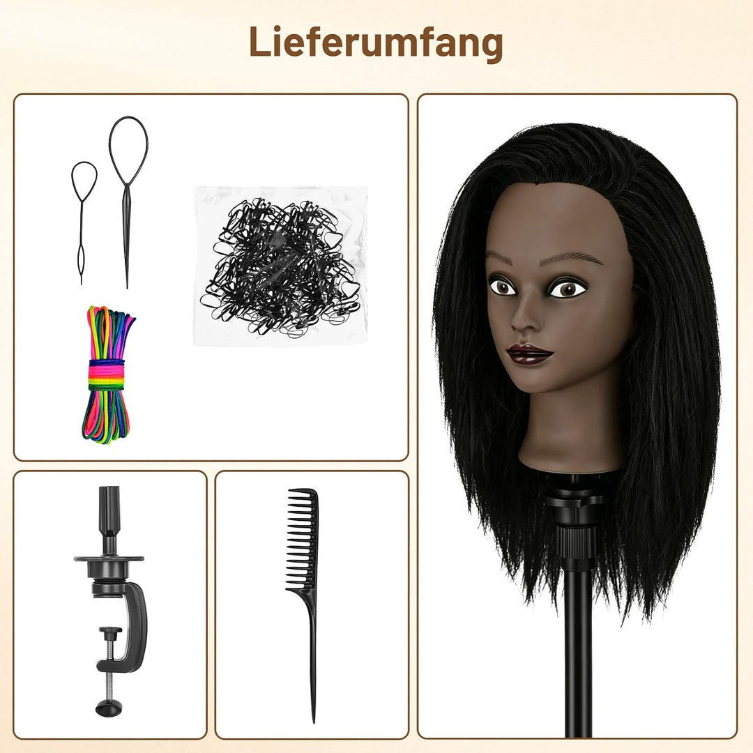 TwoWin 16 Zoll /40 cm Afro Trainingsköpfe für Friseure, Frisierkopf mit 100% Echthaar, Übungskopf Af
