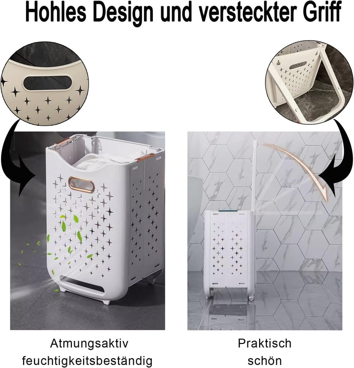 Hooha Faltbarer Wäschekorb Auf Rollen 2 Fächer Wäschekorb Plastik 77 Liter Wäschewagen für Schmutzwä