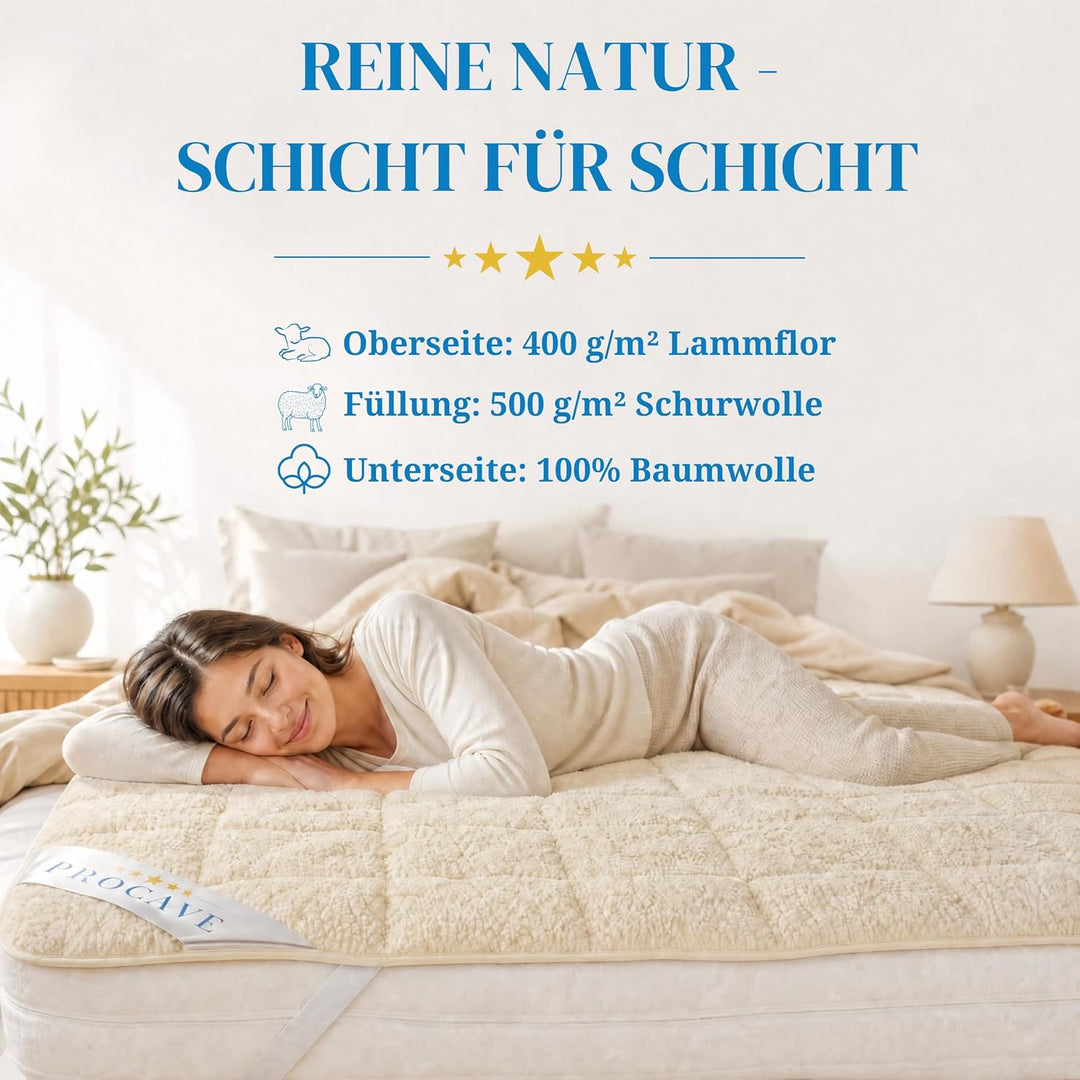PROCAVE weiches Unterbett mit Lammflor und Schurwolle, hochwertige Matratzen-Topper, Matratzen-Schon