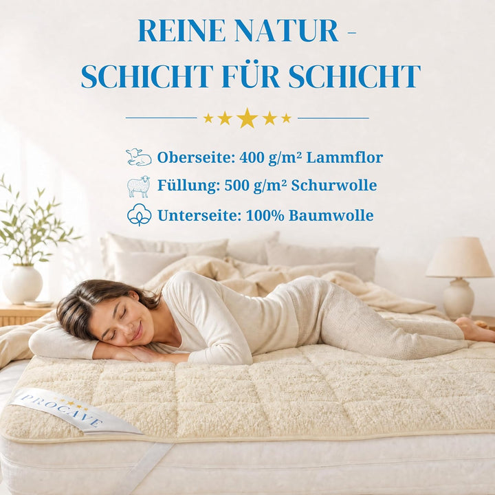 PROCAVE weiches Unterbett mit Lammflor und Schurwolle, hochwertige Matratzen-Topper, Matratzen-Schon