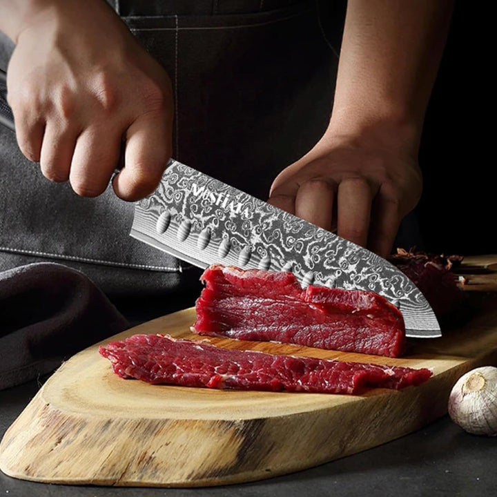 MOSFiATA Damast Santokumesser 7 Zoll, Damastmesser Küchenmesser Damaststahl Japanisches Messer Schar