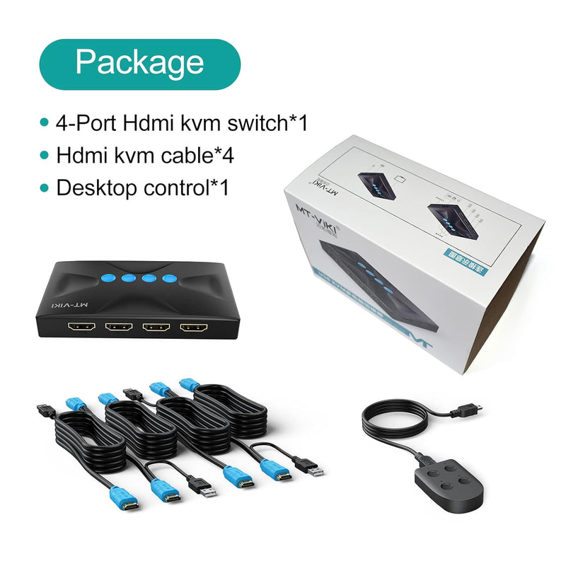 MT-VIKI KVM Switch HDMI 4 Port 4K 4 PC 1 Monitor unterstützt Tastatur, Maus und Lautsprecher 4K@30Hz