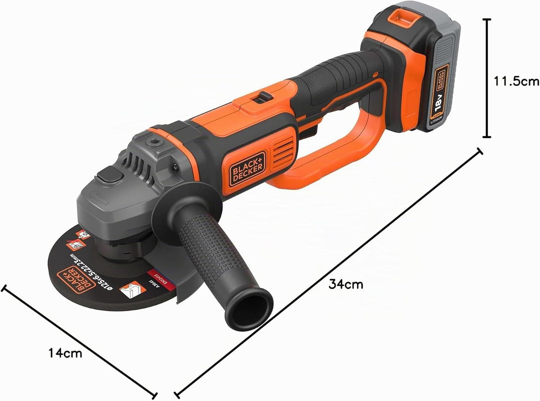 Black+Decker BCG720N Winkelschleifer (18V, 125mm Scheiben-ø, Sanftanlauf, für Trenn, Schleif- & Schr