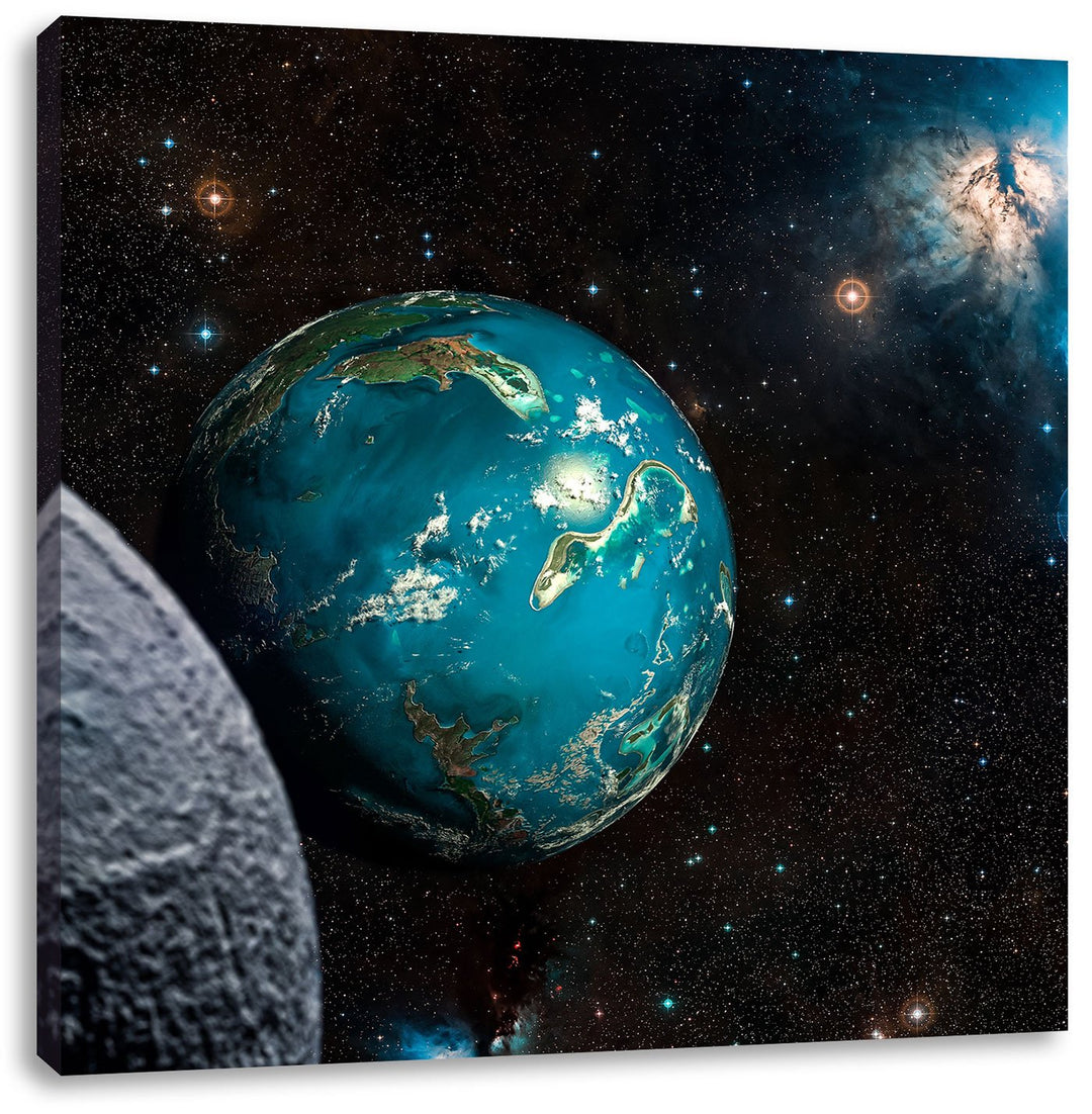 Planet Erde im Kosmos, Format: 70x70 auf Leinwand, XXL riesige Bilder fertig gerahmt mit Keilrahmen,