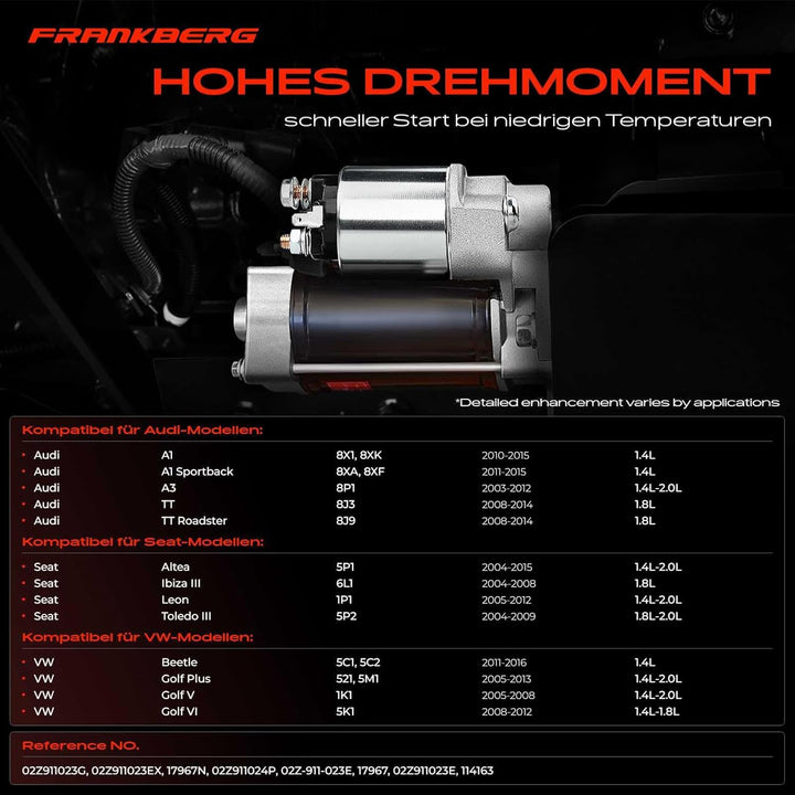 Frankberg Anlasser Starter 1,1KW Kompatibel mit A1 8X1 8XK 8XA 8XF 1.4L-2.0L A3 8P1 8P7 8PA 1.4L-2.0