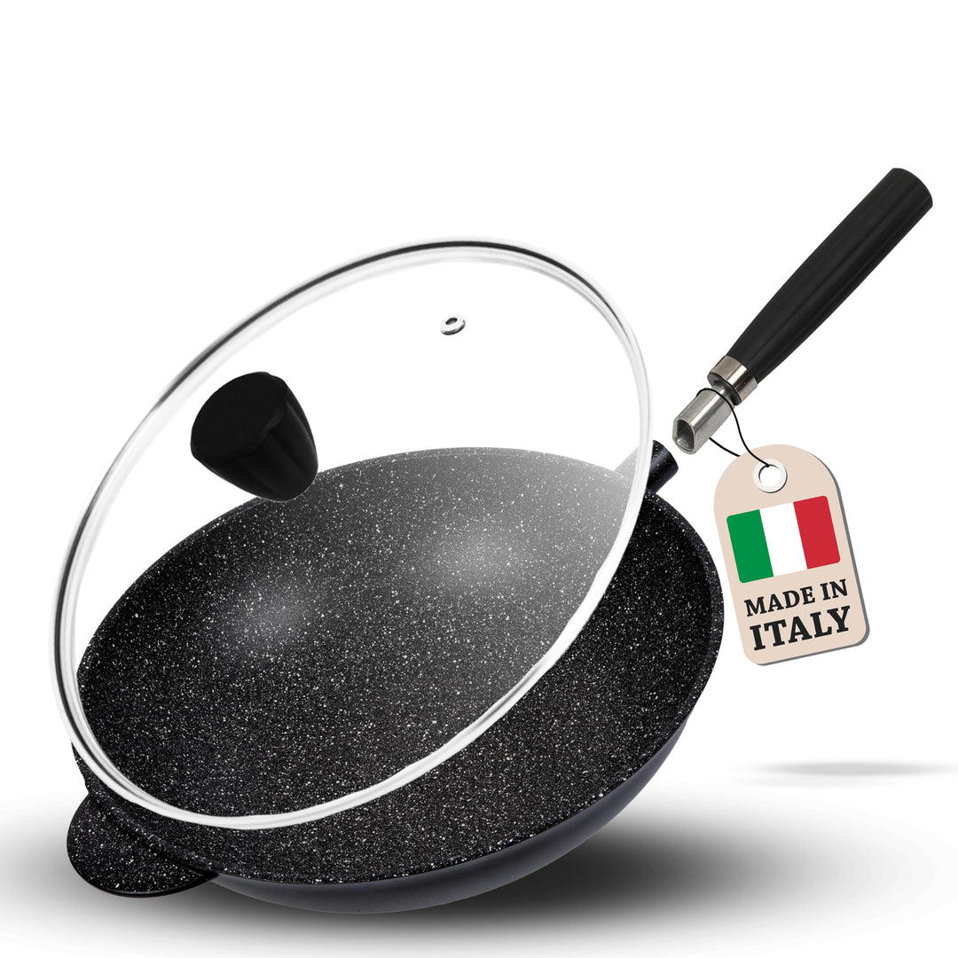 PENTOLPRESS Granit Wokpfanne mit Deckel (32 cm) – Wokpfanne für Induktion – Super kratzfeste Wokpfan