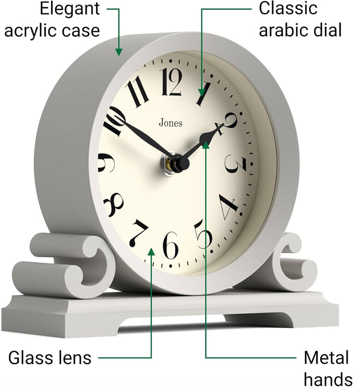 JONES CLOCKS® Saloon Tischuhr I Traditionelles DoppelIscrollIDesign I Grau I Zeitgenössischer klassi