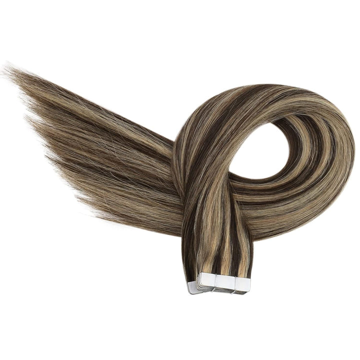 Ugeat 55cm Tape in Extensions Echthaar Gesträhnt Dunkelbraun mit Karamell P4/27 Extension Echthaar T