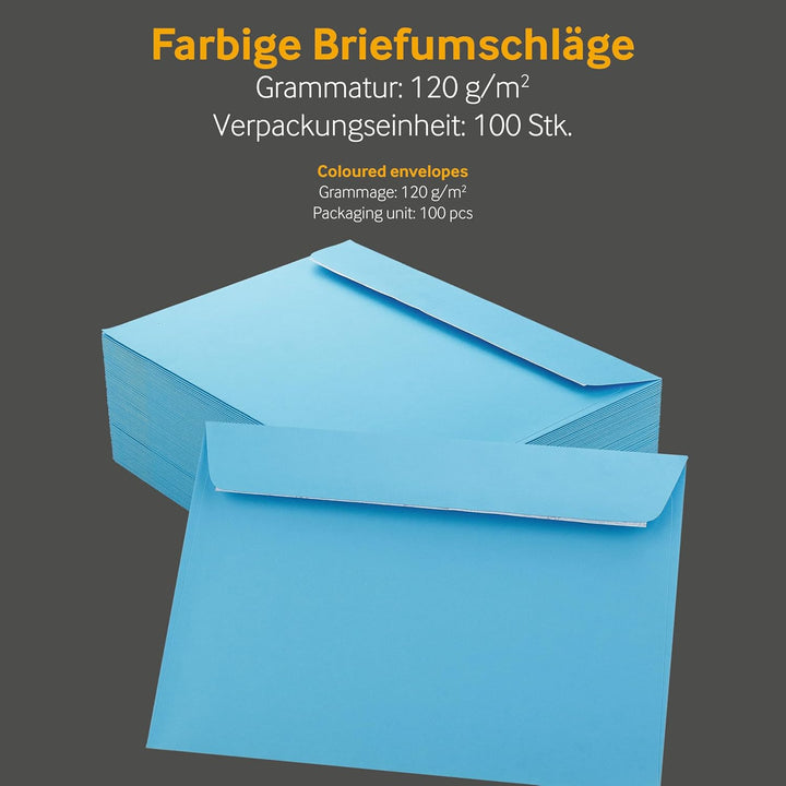100 Stück, Farbige Briefumschläge, DIN C5, Haftklebung mit Abziehstreifen, Gerade Klappe, 120 g/qm C