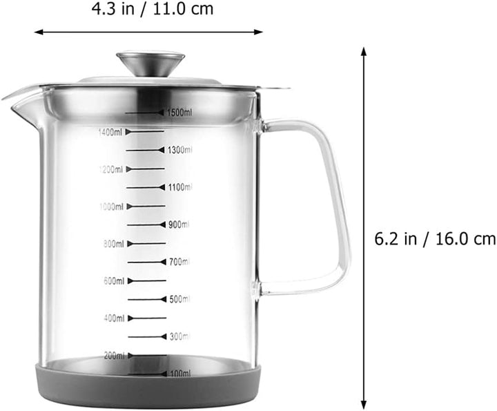 BESTonZON Fetttrennkanne Glas Ölsieb Topf Transparent Kanne mit Sieb 1500ml Behälter Fettbehälter La