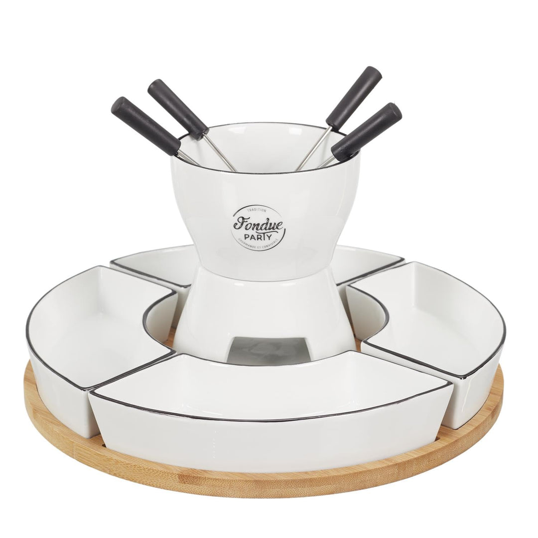 Fondue Set für 4 Personen - Bambus und Porzellan - Inklusive Schalen und Gabeln - 30 x 30 x 19 cm