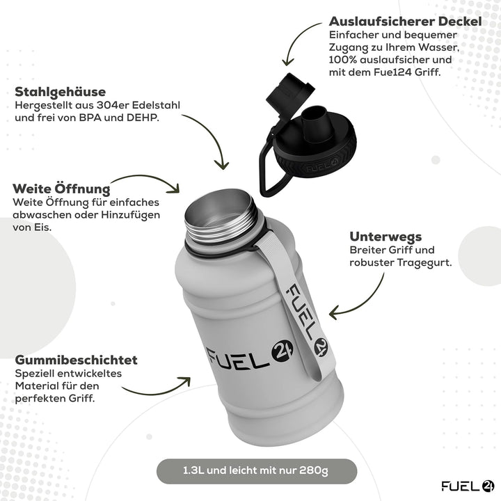 Fuel24 Extra Stark Trinkflasche Edelstahl 1.3L & 2.2L - Auslaufsicher & BPA-Frei Wasserflasche - Rob