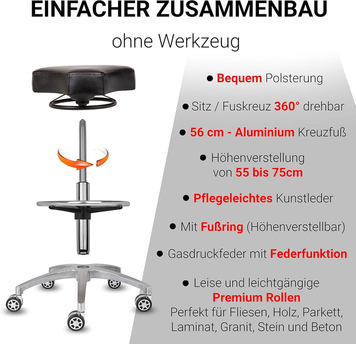Staboos Rollhocker bis 160 kg - Ergonomisch geformter Sitz mit Ringauslösung - Drehhocker (Rollen un