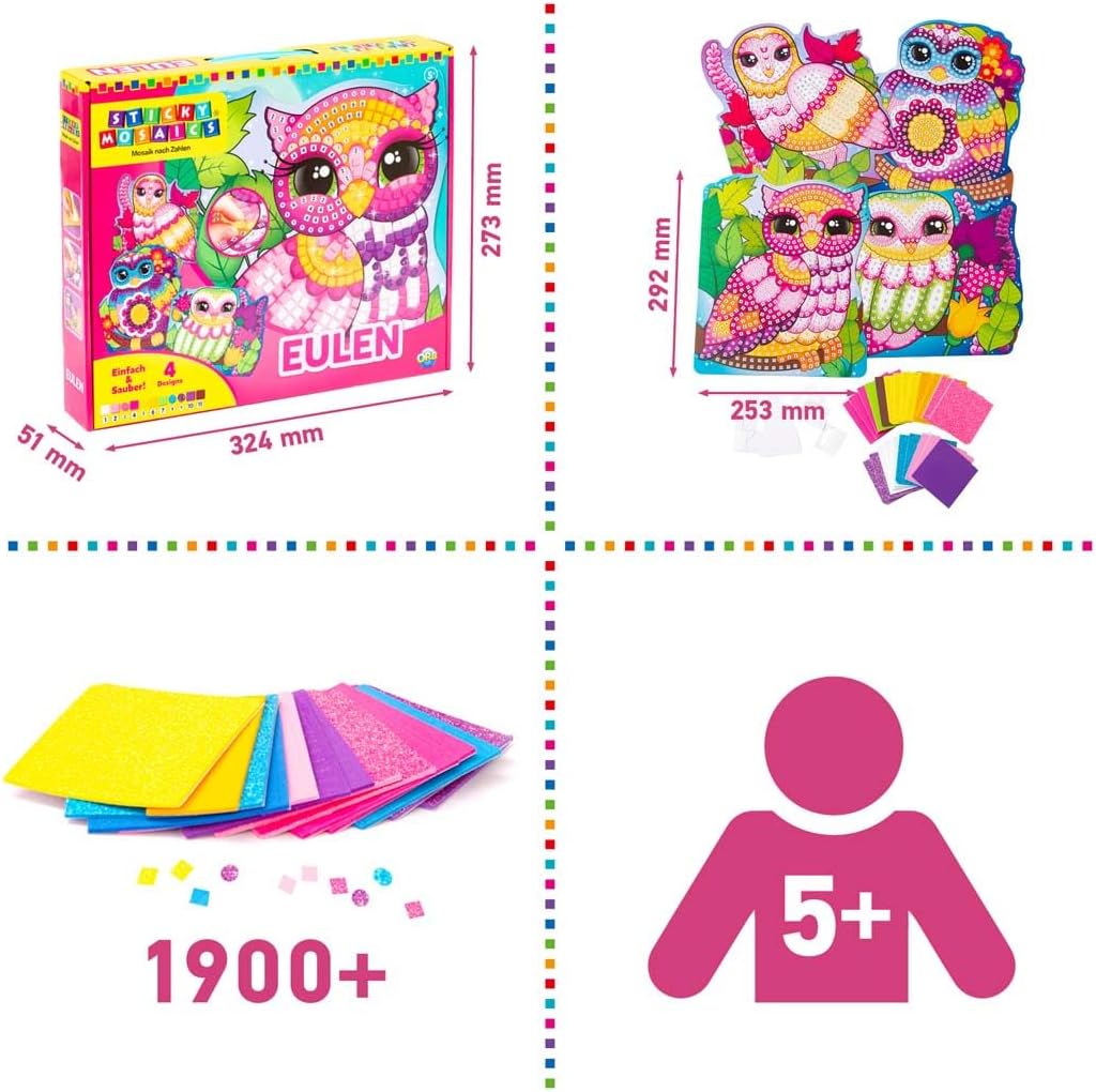 ORB Sticky Mosaic Eulen, 4 Designs, kreative Geschenke Bastelset Kinder Geschenke für Mädchen und Ju