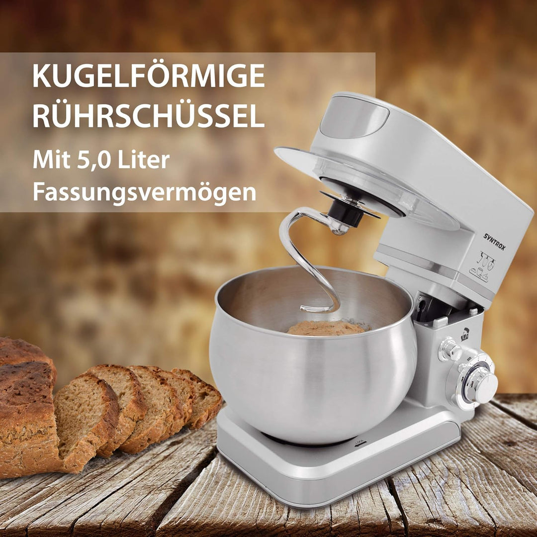 Syntrox Germany KM-5.0L Basic Silver Küchenmaschine Knetmaschine, Edelstahl-Behälter, 5 Liter, silbe