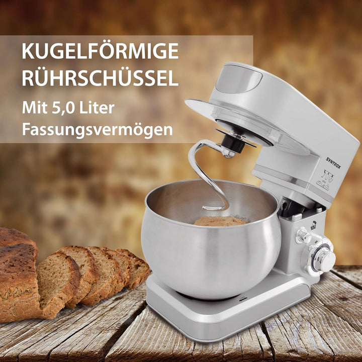 Syntrox Germany KM-5.0L Basic Silver Küchenmaschine Knetmaschine, Edelstahl-Behälter, 5 Liter, silbe