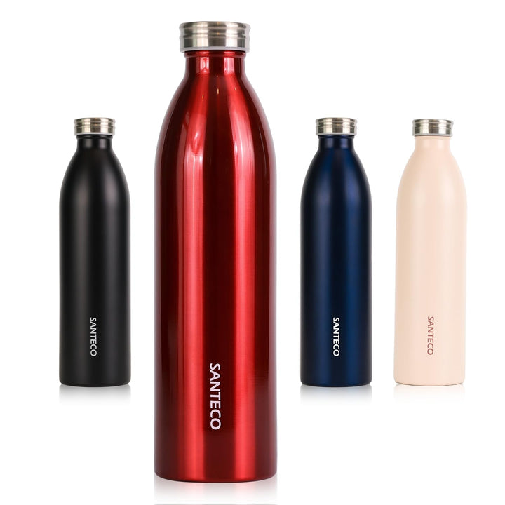 SANTECO Edelstahl Trinkflasche 1L, 100% dicht Thermosflasche 12 h heiss / 24 h kalt, absolut dicht f