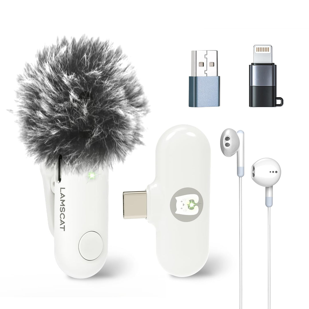 LAMSCAT Wireless Microphone for iPhone/ipad/Android/USB c/PC, Lavalier Microphone for Recording, Liv