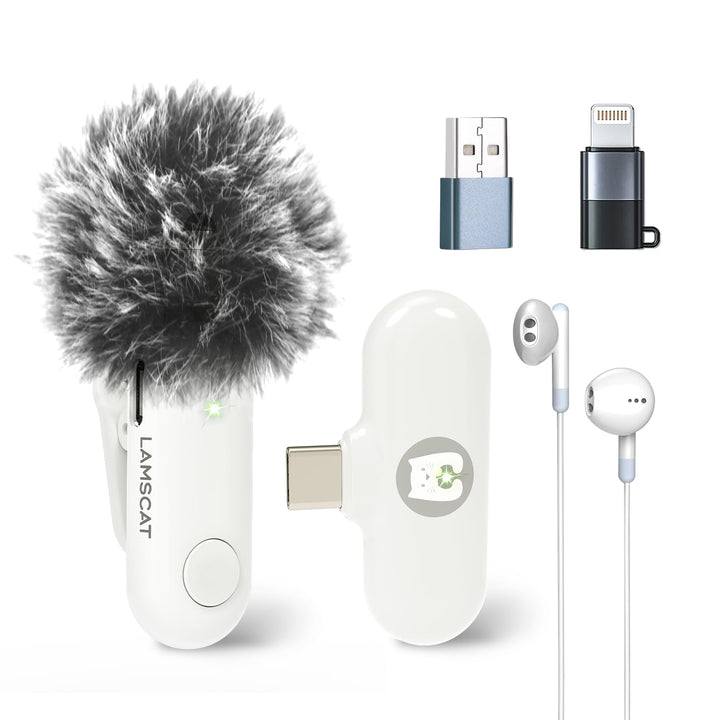 LAMSCAT Wireless Microphone for iPhone/ipad/Android/USB c/PC, Lavalier Microphone for Recording, Liv