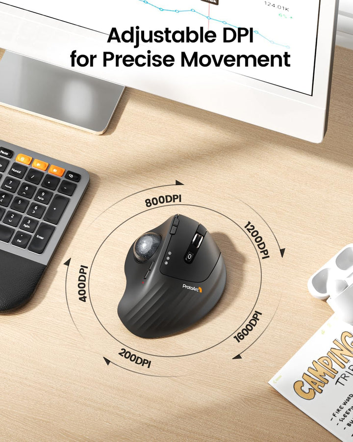 ProtoArc EM01 NL Trackball Maus, Verstellbarer Winkel Maus, 2.4G USB Kabellos & 2*Bluetooth, Daumens