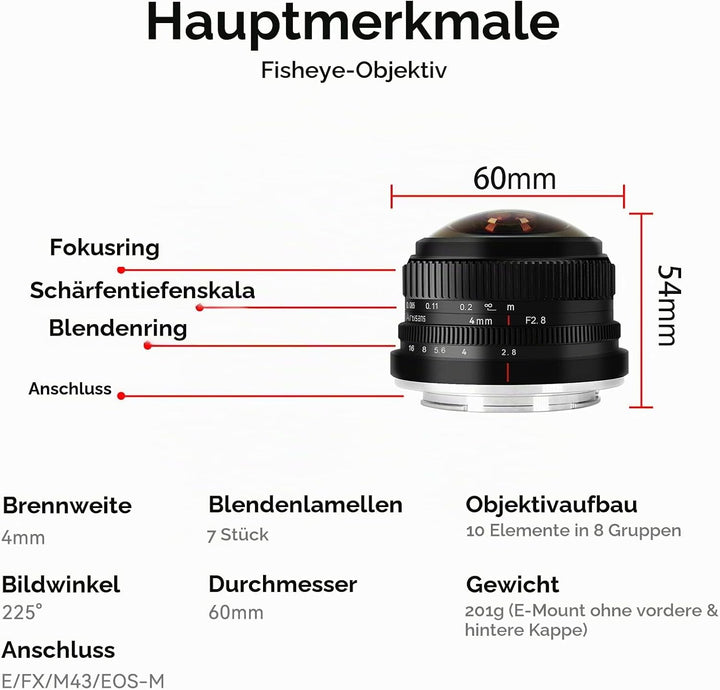 7 Artisans 4mm F2.8 Fisheye Ultra Wide Angle Lens APS-C Handbuch Focus Prime Lens Kompatible M4/3 Mo